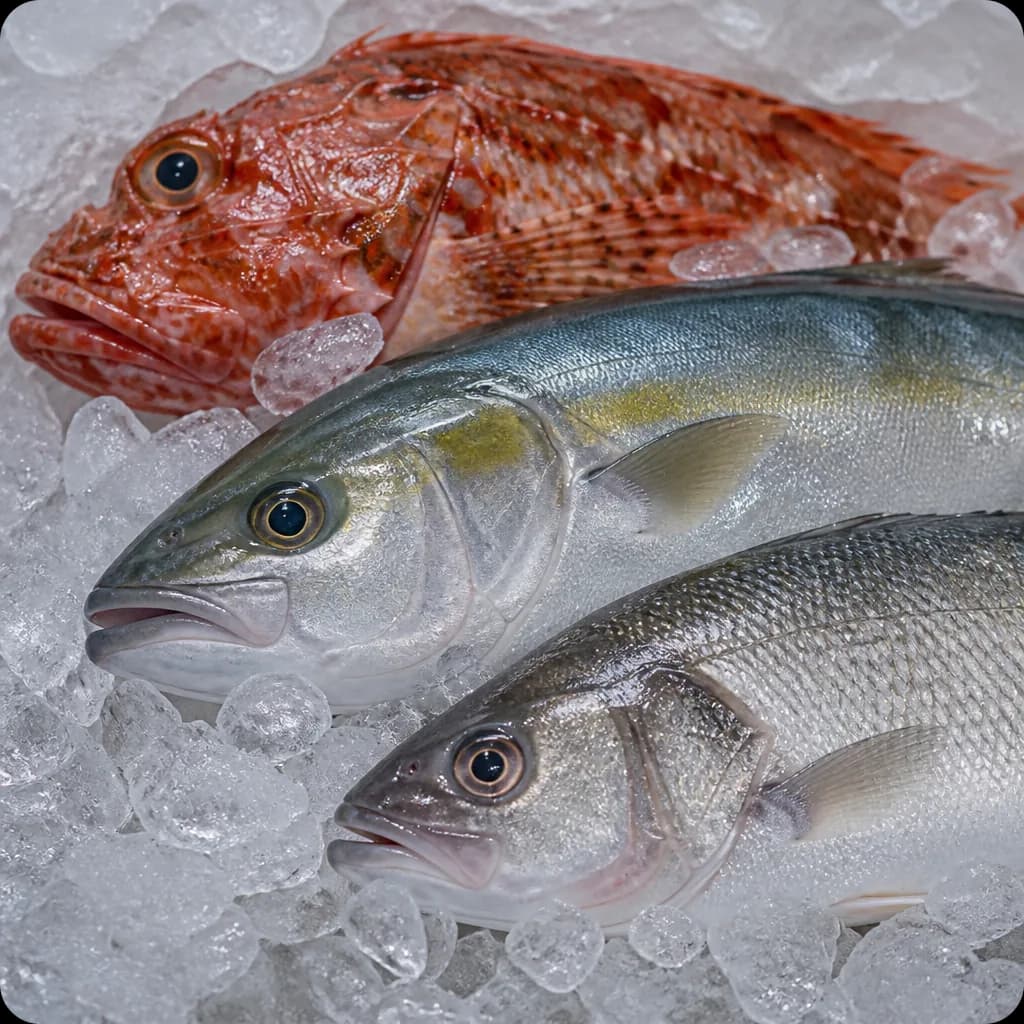Pesci freschi di diverse specie conservati sul ghiaccio