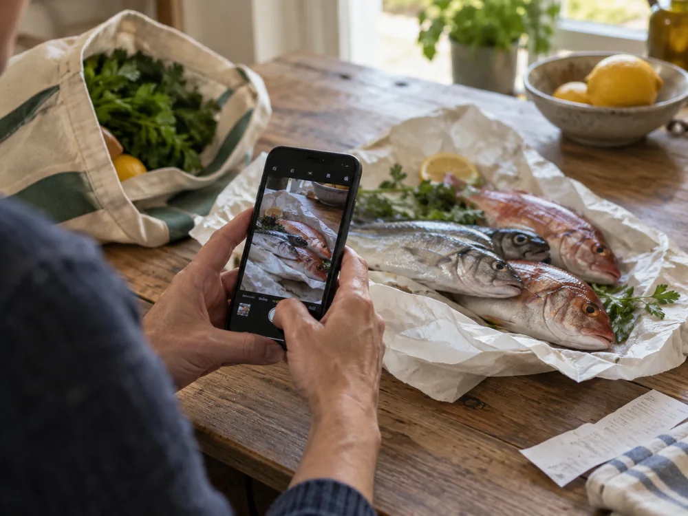 Una persona registra sul telefono il pesce appena acquistato