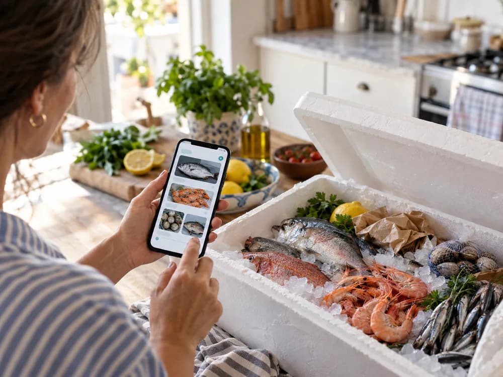 Una cliente ordina dal telefono davanti a una consegna di pesce fresco