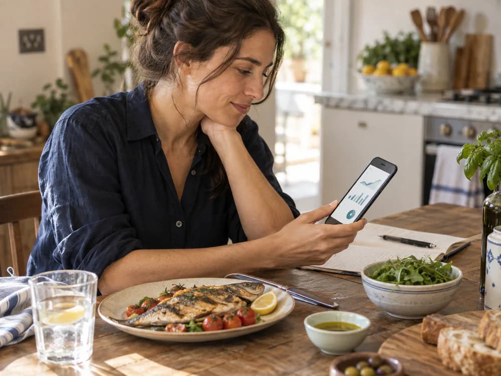 Una donna consulta sul telefono i grafici delle proprie abitudini alimentari