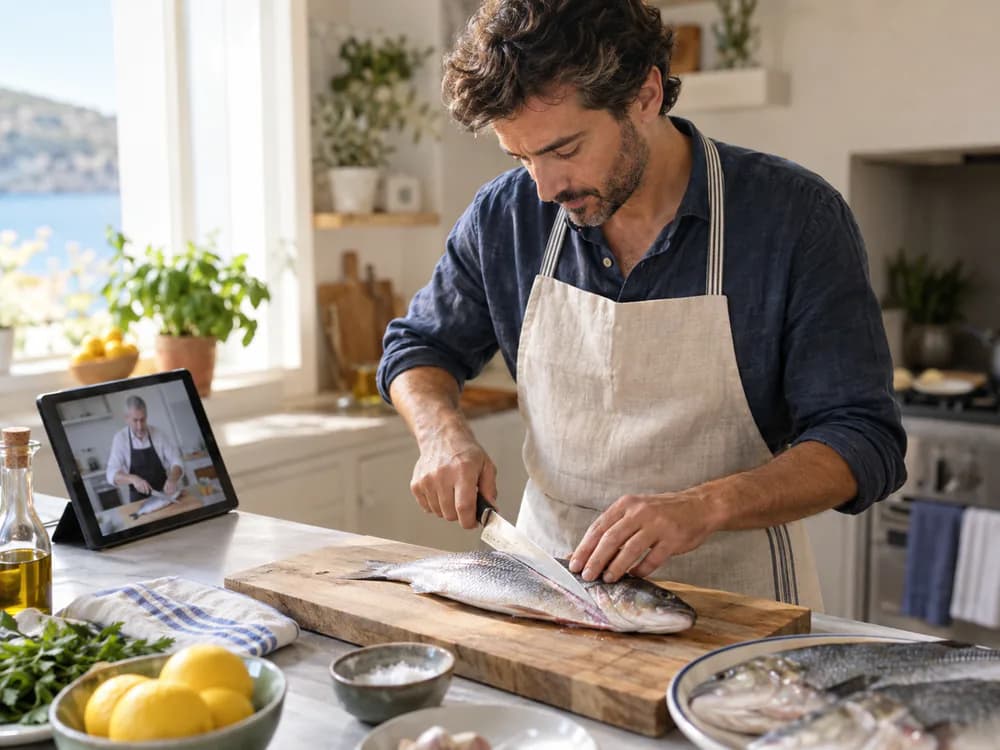 Un uomo impara a pulire il pesce seguendo una masterclass su tablet