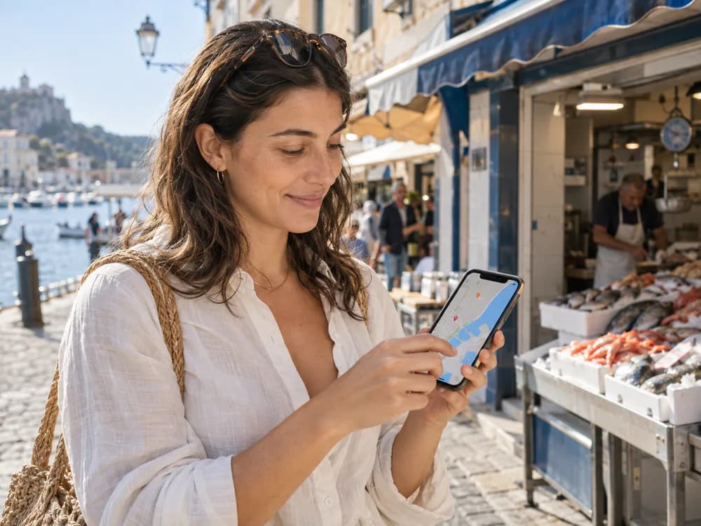 Una donna consulta la mappa dei mercati ittici vicino al porto