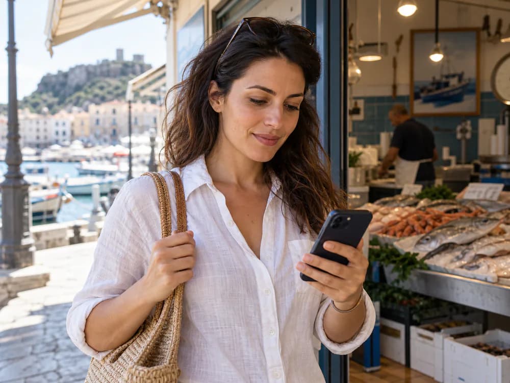 Una cliente riceve una notifica davanti a una pescheria sul porto