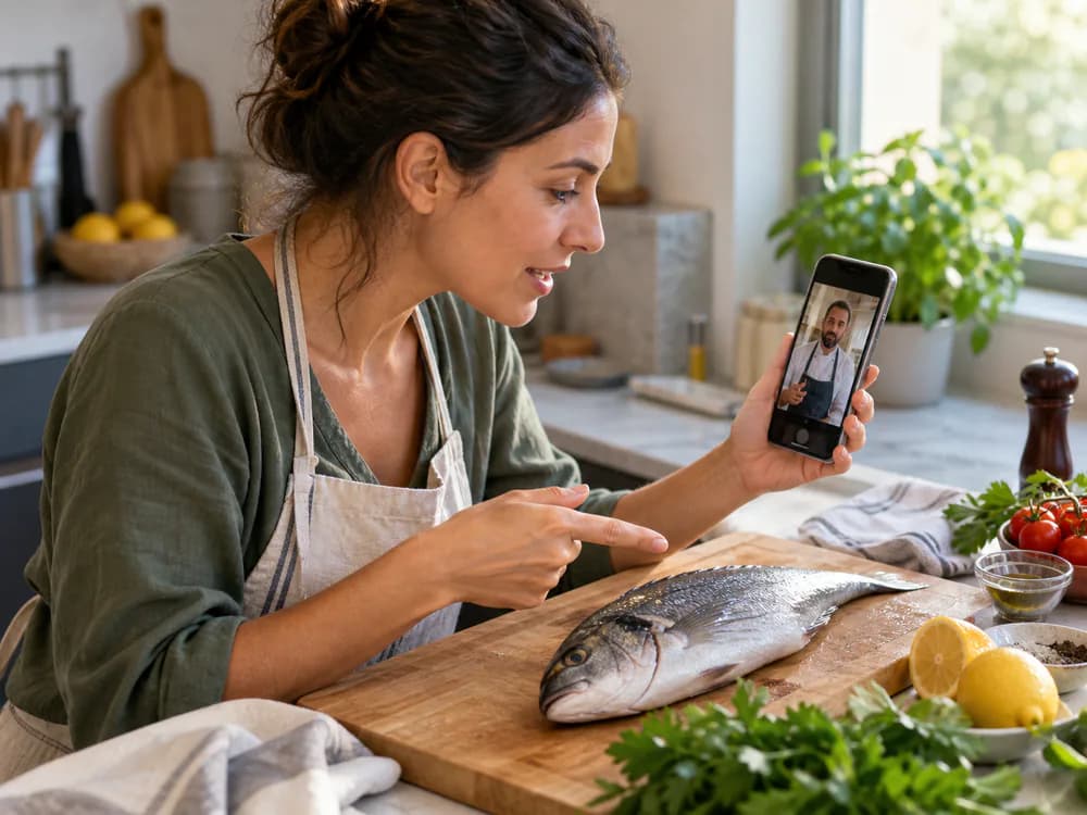 Una donna mostra un pesce a un esperto durante una videochiamata