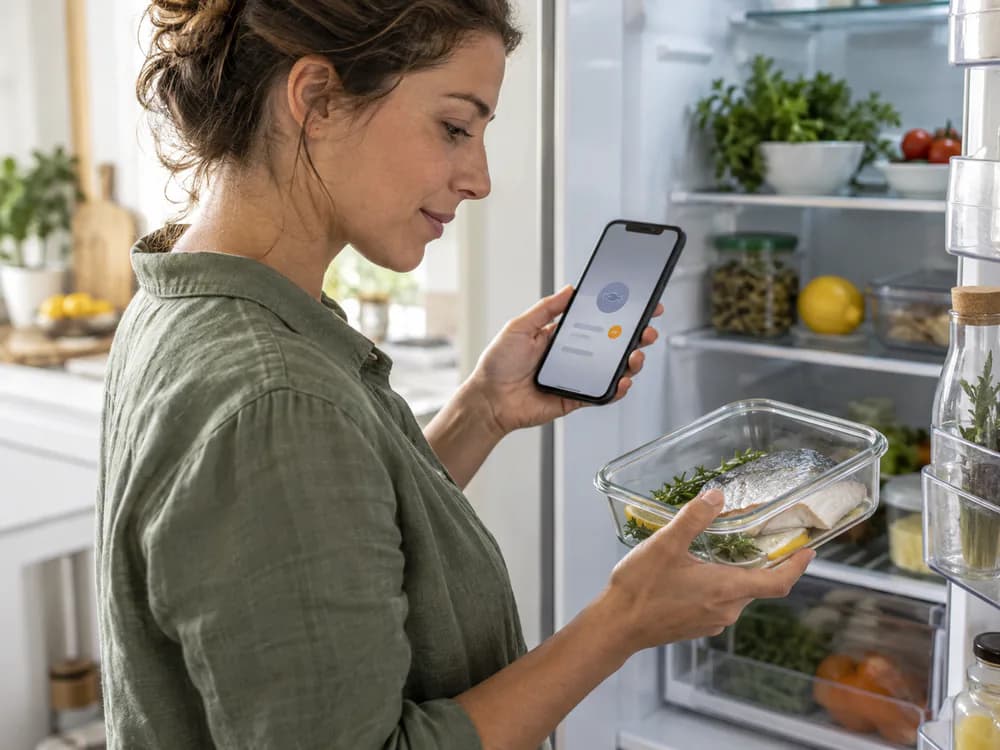 Una donna controlla un promemoria prima di prendere il pesce dal frigorifero
