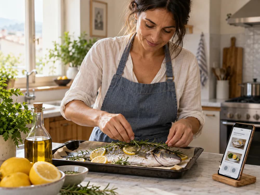 Una donna prepara il pesce seguendo una ricetta sul telefono