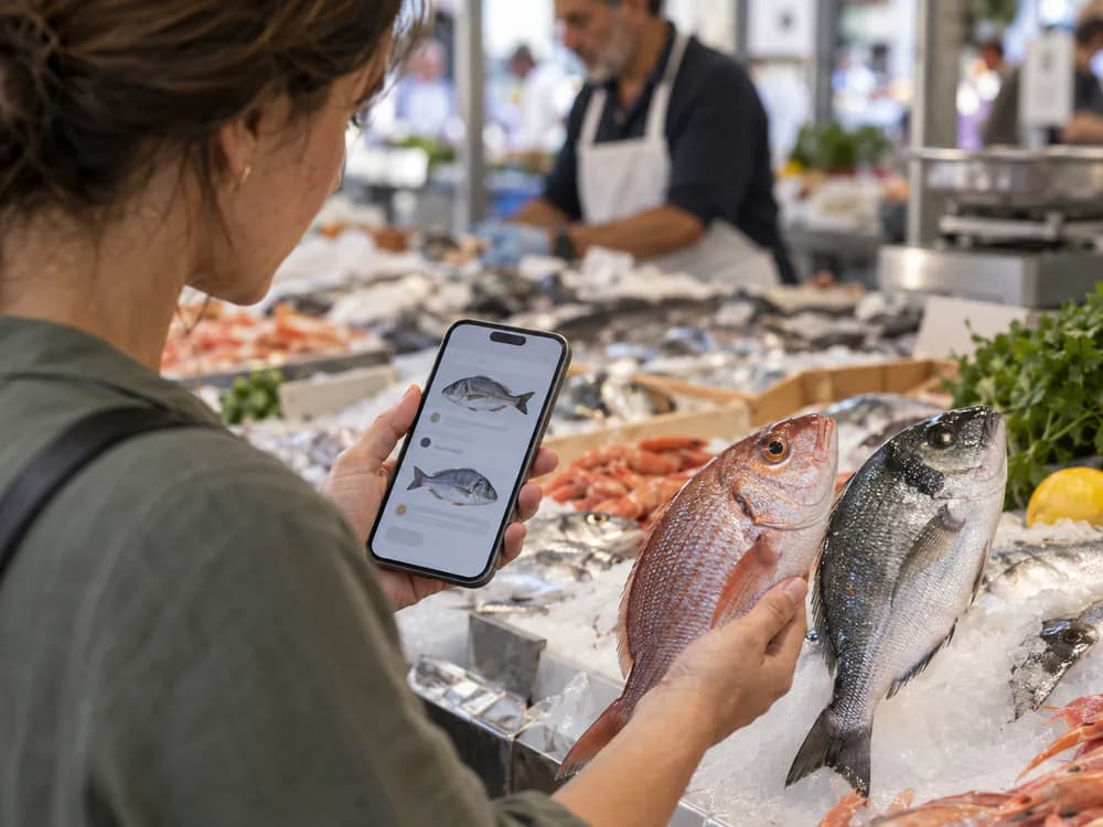 Una cliente confronta due specie di pesce con l'aiuto dello smartphone