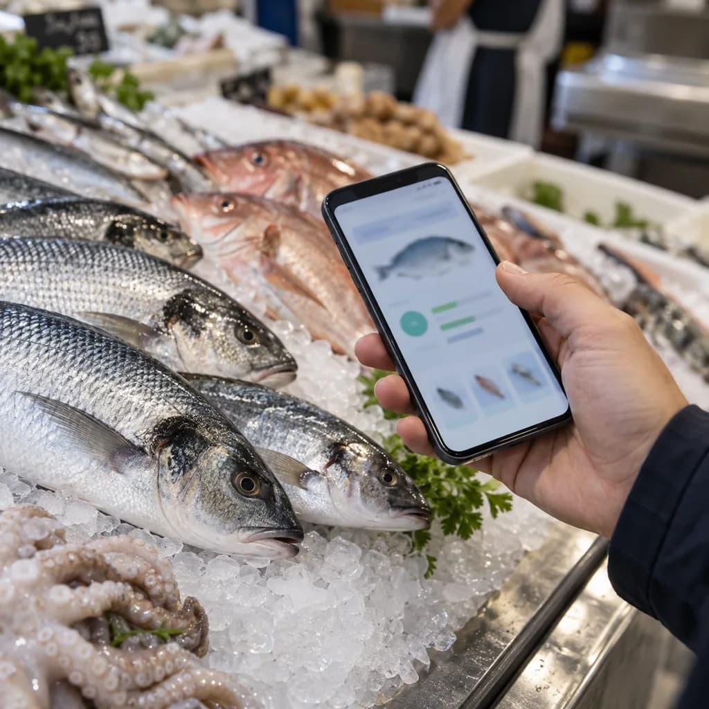 Una persona usa lo smartphone per conoscere meglio il pesce al banco