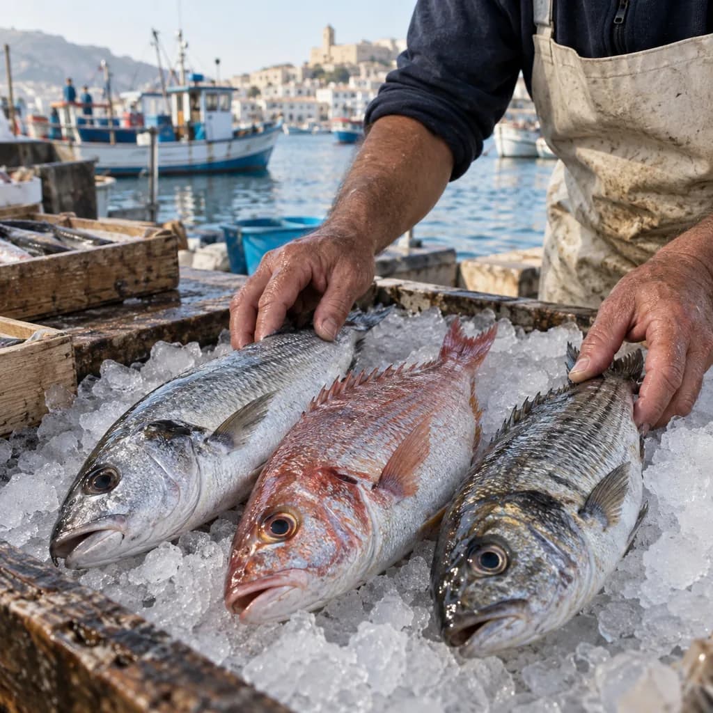 Un pescatore sistema il pesce fresco sul ghiaccio in un porto italiano