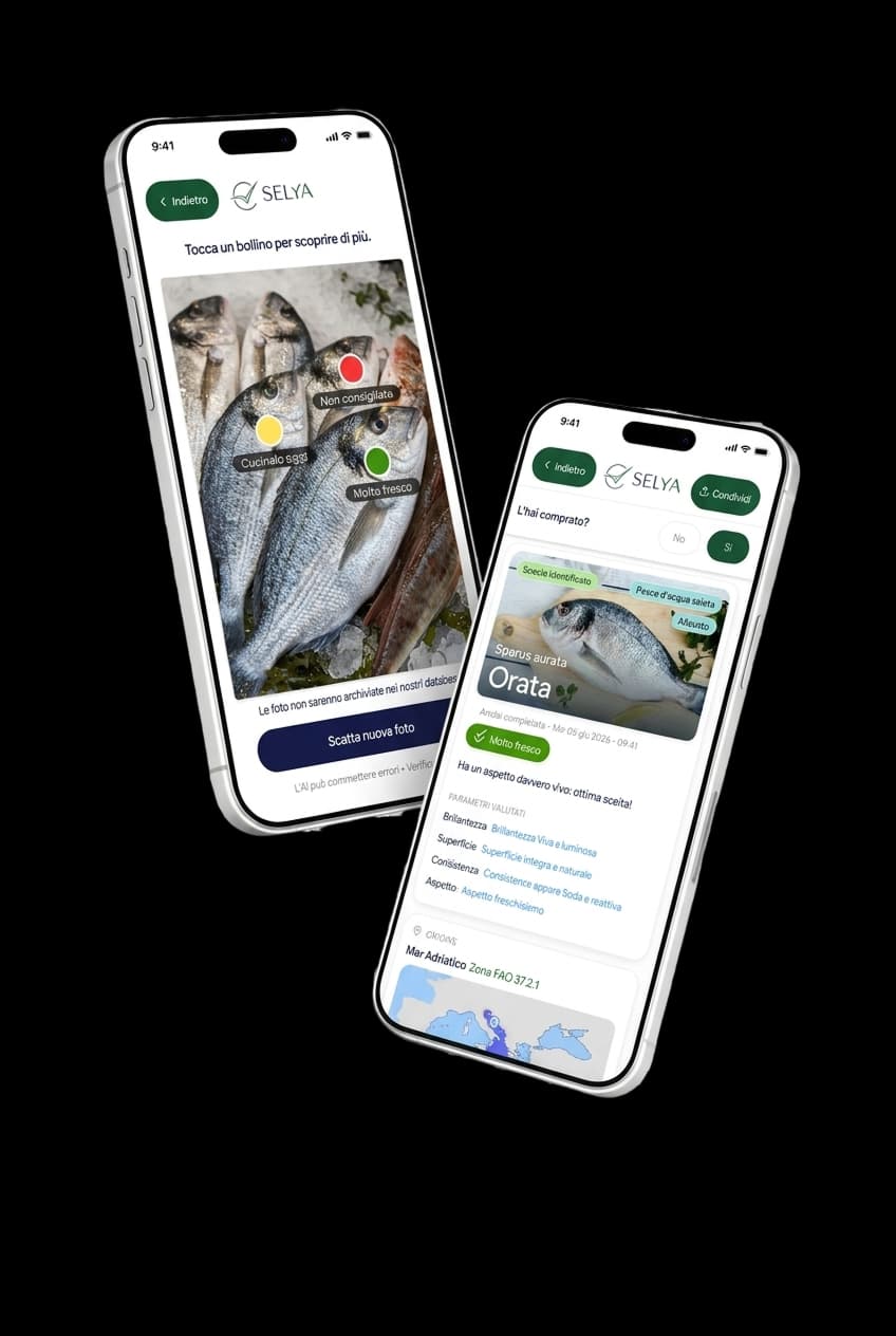 L'app Selya: i bollini di freschezza sulla foto di un banco del pesce e la scheda di analisi di un'orata