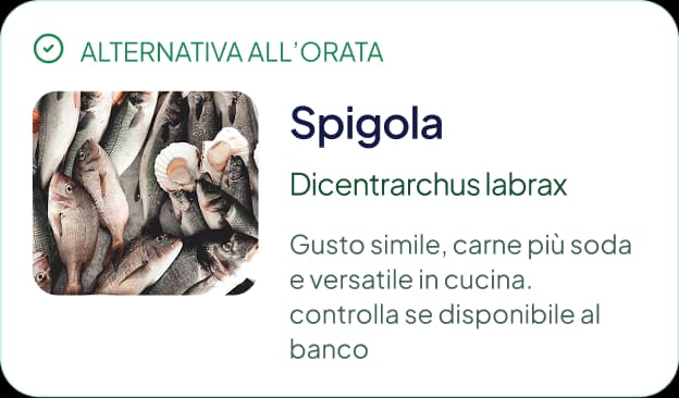 La card Alternative nell'app: la spigola proposta come alternativa all'orata