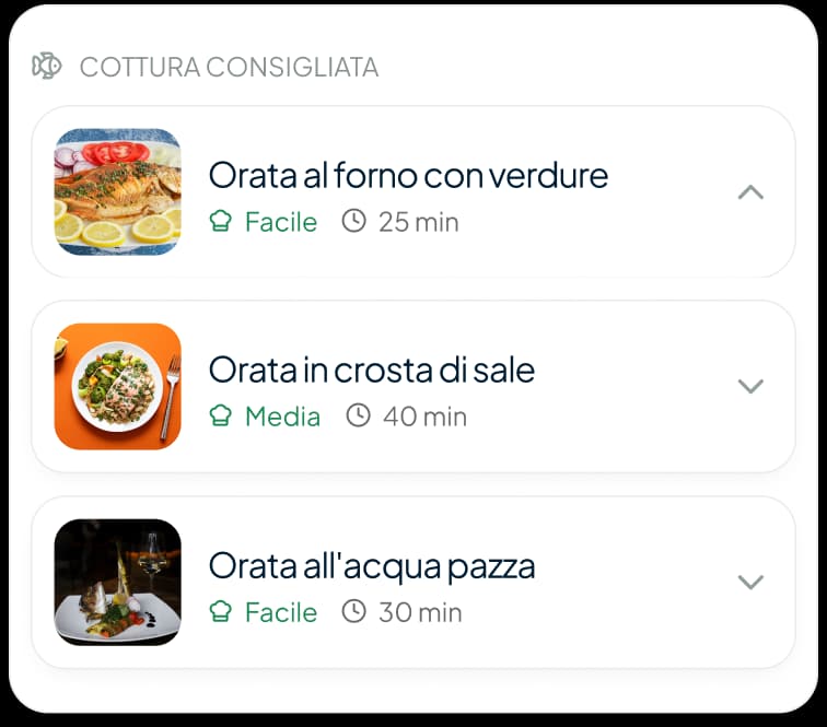 La card Cottura consigliata nell'app: tre ricette per l'orata, con difficoltà e tempi di preparazione
